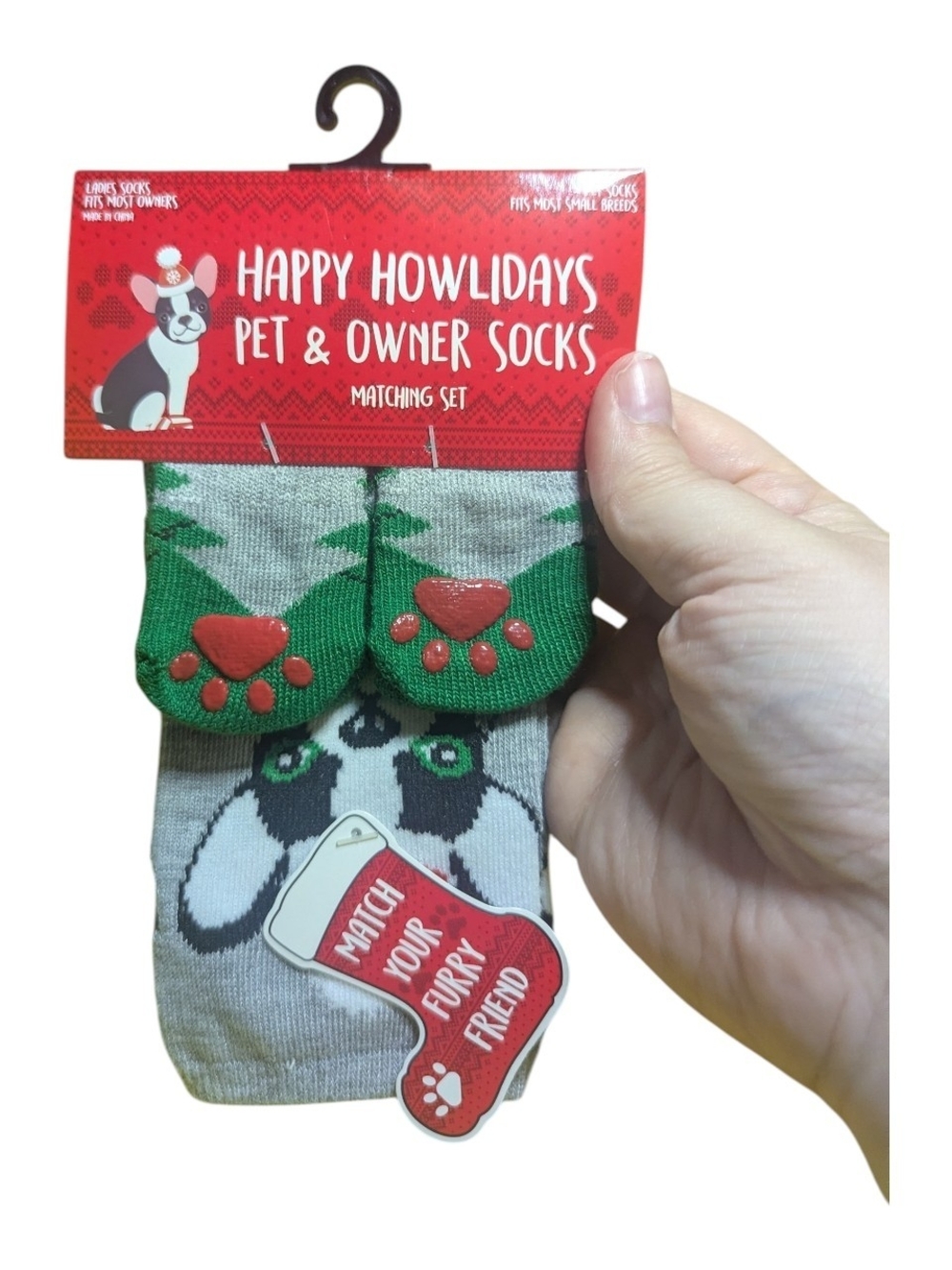 Happy Howlidays Pet & Owner Socks  Green & Gray Paw Print